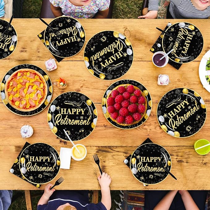Grencian 96Pcs Happy Retirement Party Supplies Black Gold Plates and Napkins Retirement Tableware Sets Disposable Decoration for Men Birthday Farewell Graduations Going Away Party Serve 24