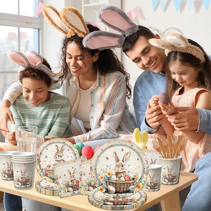 Easter Party Supplies,120Pcs Vintage Easter Paper Plates,Napkins,Knives,Forks Spring Easter Bunny Egg Flower Party Tableware for Easter Holiday Party,Happy Easter Decoration