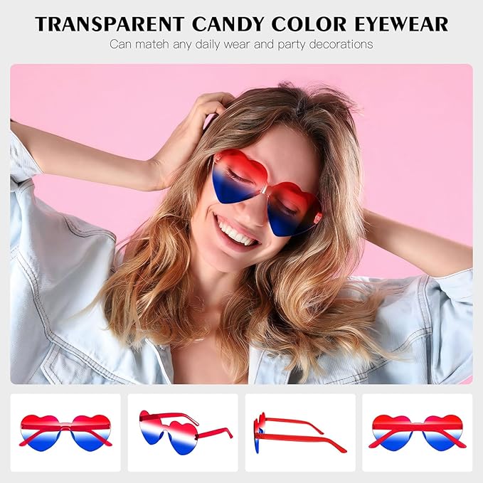 16 Heart Rimless Sunglasses Retro Colored Party Glasses Bulk Gradient Transparent Fun Eyeglasses for Unisex Adult
