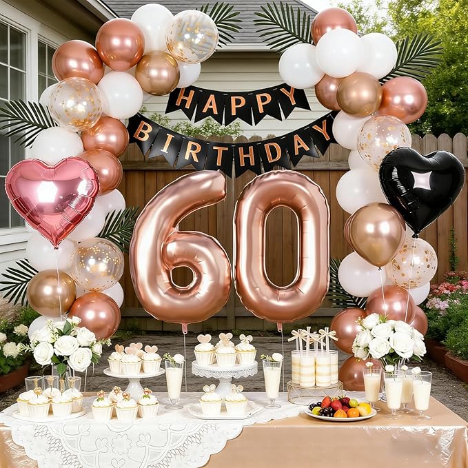60th Birthday Decorations for Women - Rose Gold, Black and Hot Pink Party Supplies Set with Happy 60th Banner, Number 60 Balloons and Foil Fringe Curtains - 60 Year Old Celebration Kit