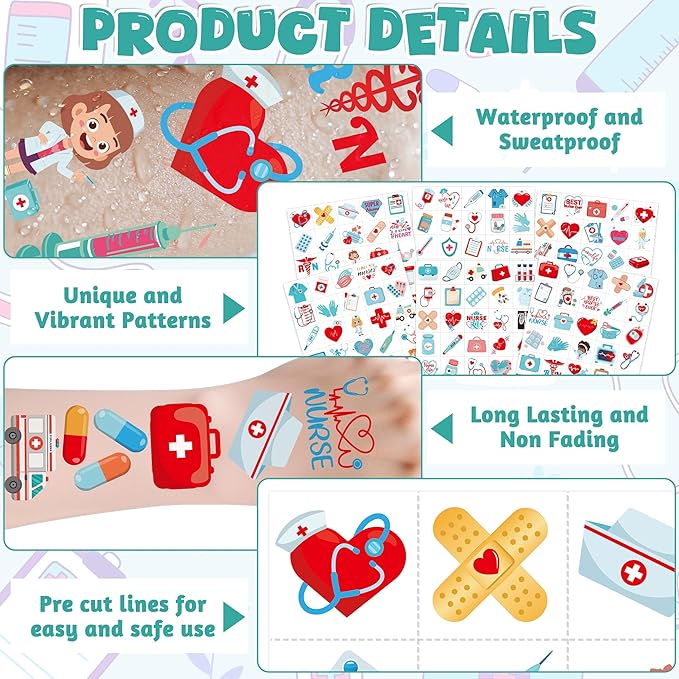 150Pcs Nurses Temporary Tattoos Stickers, 12Sheets Waterproof Nurse Stickers for Nurse Appreciation Gifts Nurses Week Gifts Decorations Nursing Graduation Gift Nurses Supplies Party Favors Accessories