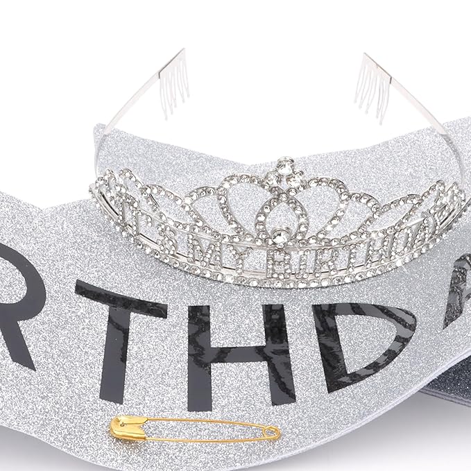 CAVETEE Birthday Crowns for Women - Its My Birthday Sash and Crown Set for Adult Women - Silver