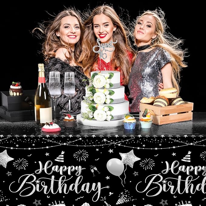 Tudomro 3 Pcs Happy Birthday Tablecloths Happy Birthday Party Decorations Plastic Table Cover Rectangular Cloths for Women Men Baby Shower Party Supplies, 108 x 54 Inch (Black Silver)