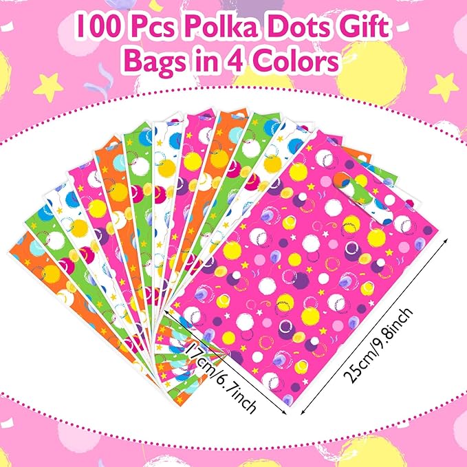Pasimy 100 Pcs Plastic Party Favor Bags Goodie Bags Polka Dots Star Candy Poouches with Handle for Birthday Back to School Baby Shower Party Supplies Decor
