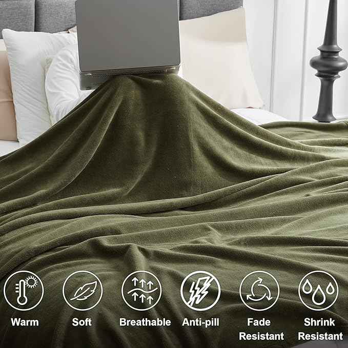 Hansleep Fleece Moss Green Queen Blanket, Super Soft Flannel Fuzzy Plush Cozy Blanket for All Seasons, Moss Green, Queen 90x90 Inches