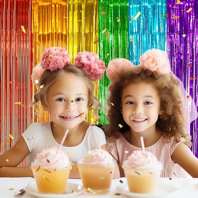 2 Pack Foil Fringe Backdrop - Combo Rainbow Shiny Tinsel Curtains for Party Decoration/Photo Booth Props - 3.3x6.6 FT Metallic Foil Backdrop for Birthday, Wedding, Graduation, Christmas.