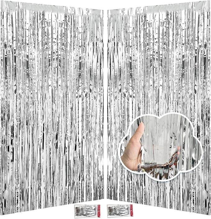 Silver Tinsel Backdrop Party Decorations 3.3x8.2ft, 2 Pack Foil Fringe Curtains Door Decorations Hanging, Silver Streamers Photobooth for Birthday Easter Christmas Bachelorette Disco Bridal Shower