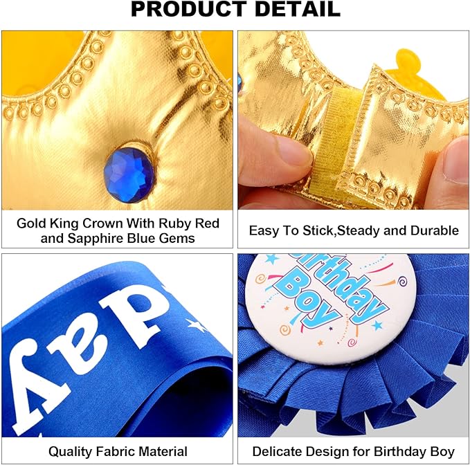 WILLBOND Birthday King Crown, Birthday Sash and Button Pins Party Accessory Set for Boys Kids Party Decorations