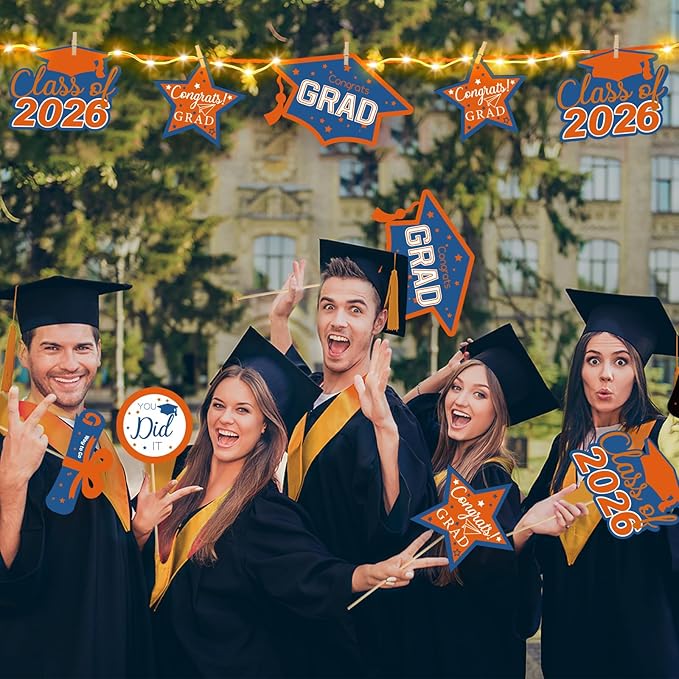 OuMuaMua Graduation Decorations Class of 2026-30pcs Blue Orange Graduation Table Centerpieces Sticks Table Toppers with Lights for College High School Congrats Grad Party Supplies