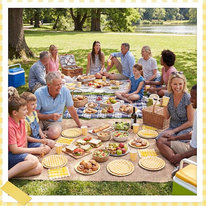 175 Pcs Gingham Party Supplies Include Yellow Gingham Plates and Napkins Cups Plastic Cutlery Disposable Yellow Checkered Plates Set for Easter, Picnic, Baby Shower, Golf Party