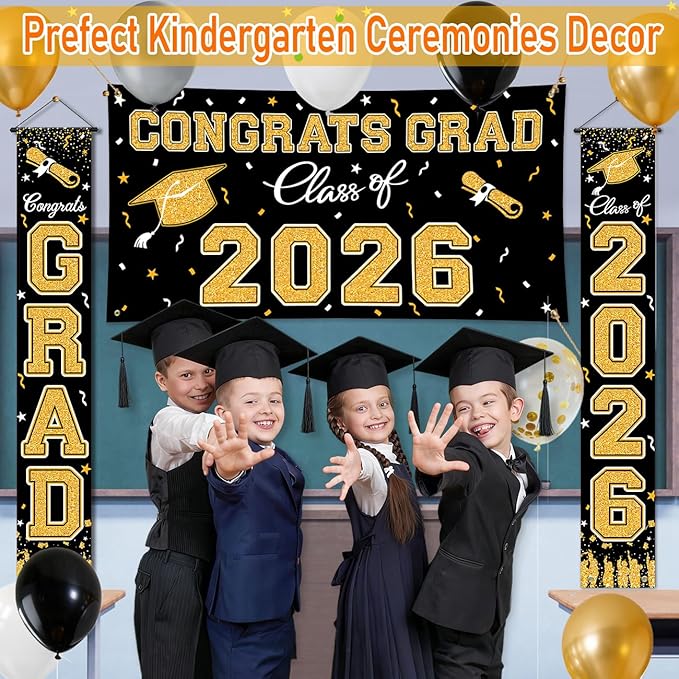 WOHOHOHO 23Pcs Graduation Decorations 2026 Set, Black Gold Porch Door Sign GRAD Banner, Class of 2026 Backdrop, 5 Colors Large Balloons, Party Supplies for High School College Indoor Outdoor Decor