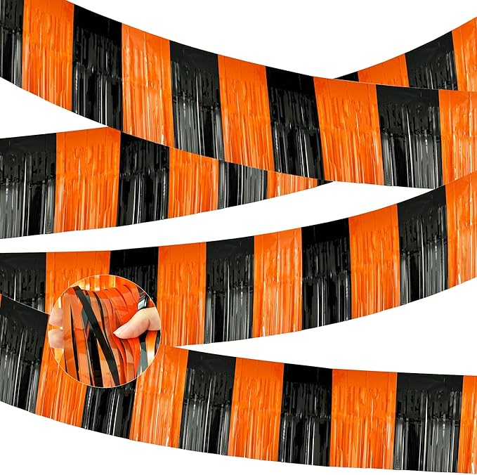4 Packs Total 39 Feet Halloween Parade Floats for Trailer Car, Black Orange Foil Fringe Garland Tinsel Streamers Banner Table Skirts for Halloween Dia De Los Muertos Homecoming Birthday Party