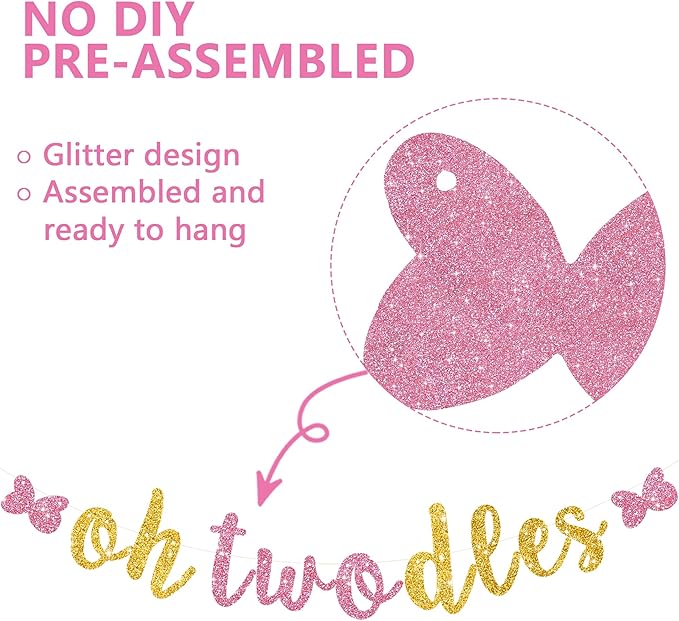Glitter Pink Gold Oh Twodles Banner Pre-Strung Mouse Themed Cartoon Party Sign Garland 2nd Baby Birthday Decorations Birthday Party Supplies for Boys Girls,NO DIY