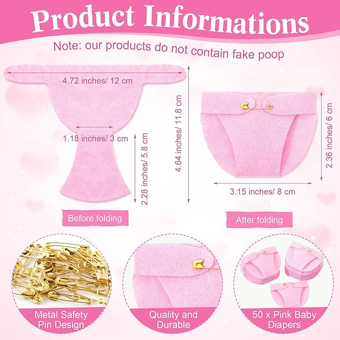 Roowest 51 Pcs Dirty Diaper Baby Shower Games Funny Wooden Sign with 50 Pcs Mini Diapers Cute Felt for Gender Reveal Party Baby Shower(Animals Pink)