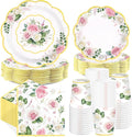 250Pcs Floral Tea Party Supplies Pink Floral Scalloped Plates Napkins Cups Pink Flower Garden Tableware Set for Spring Wedding Bridal Shower Baby Shower Garden Tea Party Decorations Serves 50