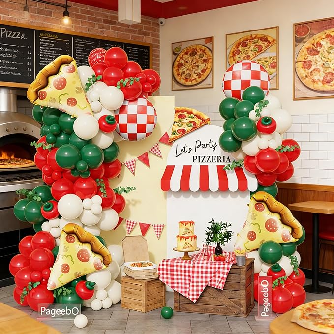 PageebO Pizza Party Decorations，150PCS Red Green Ivory White Balloons with Pizza Checkered Balloons for Pizza Party Favors BBQ Picnic Birthday Party Decorations Slice Slice Baby Shower Home Decor
