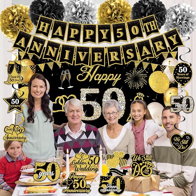 50th Wedding Anniversary Party Decorations Supplies Kit - 41PCS Black Gold Happy 50th Anniversary Banner Backdrop Hanging Swirl Pompoms Decorations Cards