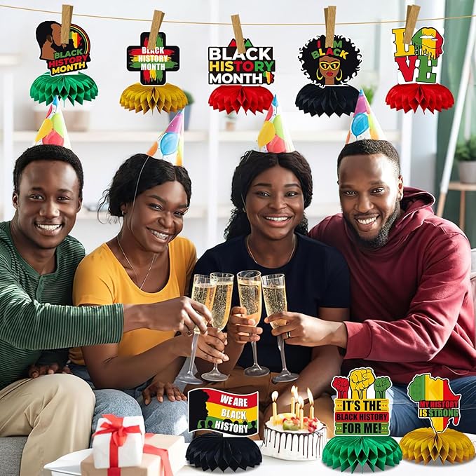 JULMELON 8PCS Black History Month Table Decorations, 3D Double Sided Black History Month Table Centerpieces, African American Black History Month Honeycomb Office Decor for Party