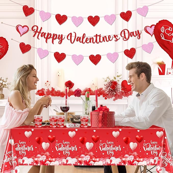Valentine's Party Decorations 196 Pcs Valentines Plates and Napkins,Cups,Tablecloth Serve 24 Red Heart Valentine Banner Happy Valentine's Day Dinnerware Set Valentines Party Supplies