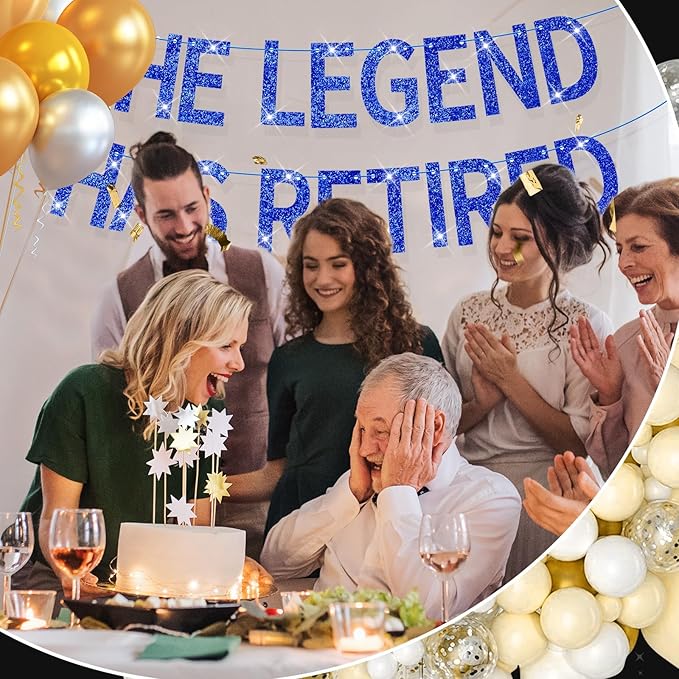 The Legend Has Retired Banner Blue Glitter Pre-Strung No DIY Retirement Banner Decorations for Men Women Retirement Party Supplies(Blue)