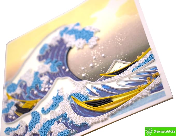 Hokusai's The Great Wave at Kanagawa (1760-1849), Quilling Art Greeting Card - Design Greeting Card for Birthday, Valentine's Day, Mothers Day, Spring, Fathers Day, Graduation, Wedding, Anniversary, Thank You, Get Well, All Occasion. Framable Artwork f...