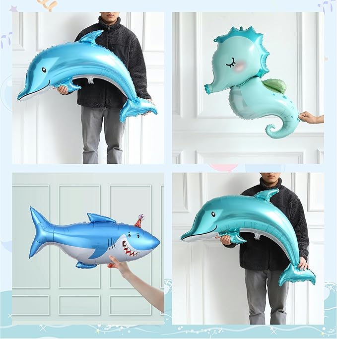Under the Sea Party Decorations, 154pcs Ocean Blue Balloon Garland Arch Kit, Blue Bubble Balloons with Dolphin Shark Hippocampus Foil Balloon for Ocean Birthday Party Supplies Shark Party Decor