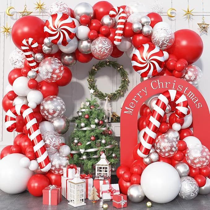 Christmas Balloon Arch Kit 129 Pcs Red White Silver Snowflake Confetti Latex Balloons Xmas Candy Cane Foil Balloon for Merry Christmas Friendsmas Winter New Year Birthday Party Decor
