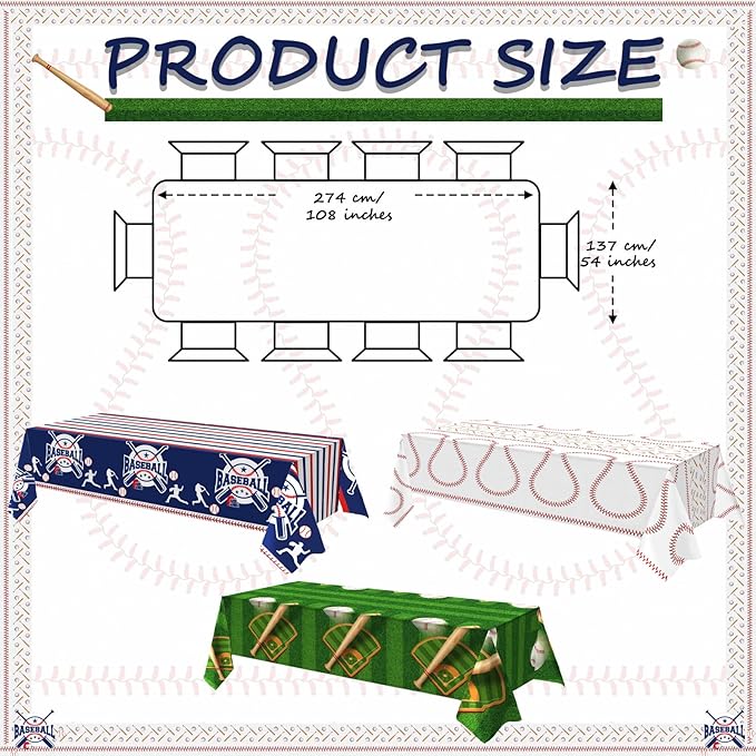 OQOQ Baseball Party Decorations Tablecloth(3 Packs), 108x54 Inches Baseball Birthday Decorations Table Cloth Disposable Plastic Table Cover for Major League Fall League Sport Party Supplies
