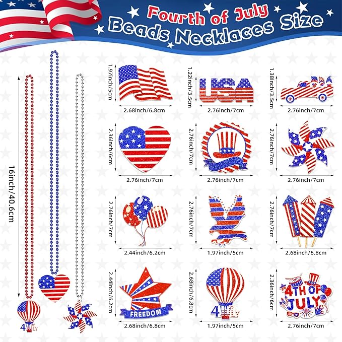 NOVWANG 24 Pcs Patriotic Beaded Necklaces Veterans Day Necklace Bulk with Felt Pendant in 12 Classic Styles for 4th of July Independence Day Memorial Day Veterans Day Party Supplies