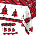 3PCS Christmas Tablecloth, Red and Black Buffalo Plaid Rectangular Plastic Christmas Tablecloth, Winter Snowflake and Reindeer Disposable Waterproof Table Cover for Party Dinner Decor, 51.2x 86.6inch