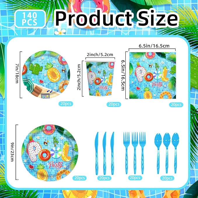 140PCS Summer Pool Party Decorations Set Swimming Beach Ball Themed Birthday, Tropical Hawaii Holiday Tableware Supplies Includes Plates, Napkin, Fork, Cup, Serves 20
