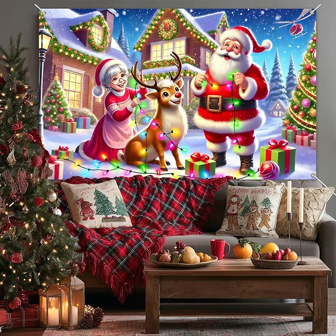 Santa Reindeer Christmas Banner 71x43 Inches Holiday House Backdrop Merry Christmas Decoration for Indoor Outdoor Winter Party Wall Porch Photo Display Festive Family Scene