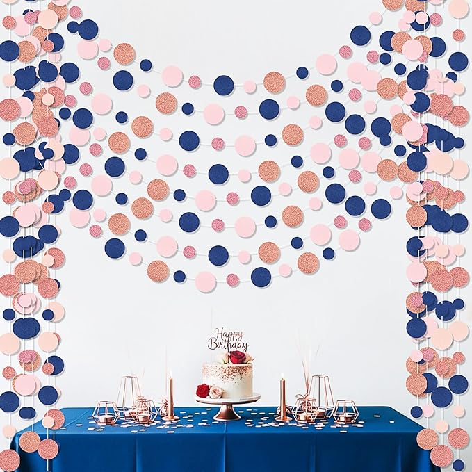 Outus 10 Pieces Blue,Pink,Rose Gold Round Dots Garland Easter Graduation Party Hanging Decor Each Length 13.1ft Glitter Paper Dot Streamers for Birthday Wedding Classroom