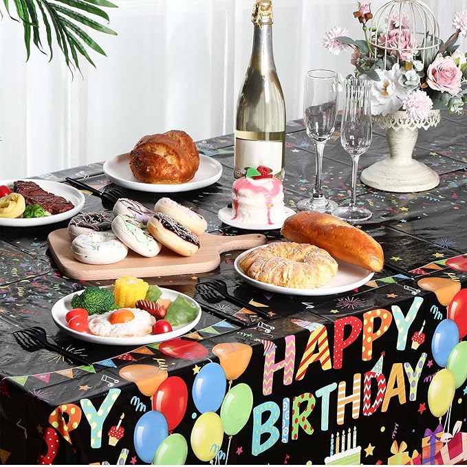 4 Pcs Happy Birthday Tablecloth 54'' x 108'' Disposable Birthday Table Cover Plastic Colorful Balloons for Kid Boy Girl Party Decoration Supplies(Black)