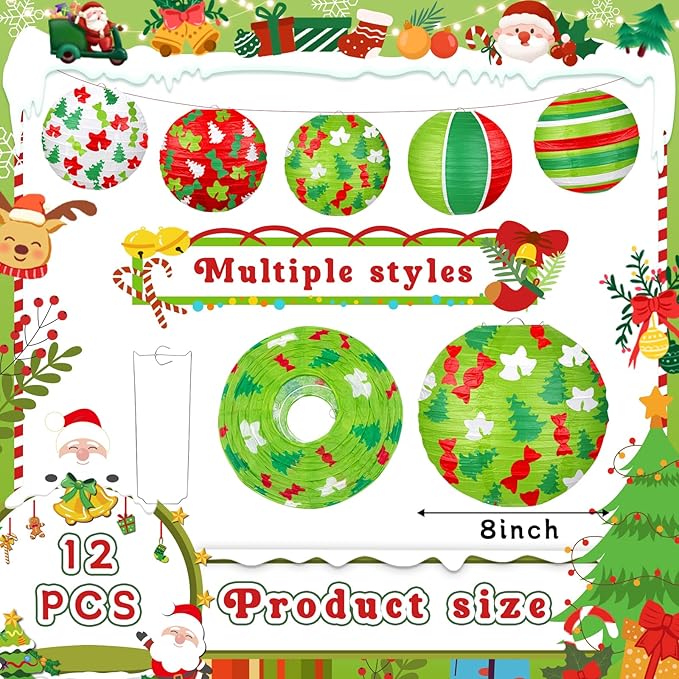 Christmas Paper Lanterns, 12 PCS Christmas Hanging Paper Lanterns Indoor Outdoor, Red Green and White Xmas Tree Candy Bell Lantern for Christmas Party Decorations Home Holiday Decor