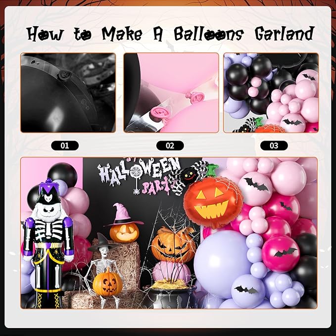 Halloween Balloons Garland Arch Kit, Macaron Pink Purple Balloons with Skeleton Guard Pumpkin Bat Foil Balloon, Black Hot Pink Halloween Balloon with 3D Fake Bats For Party Home Garden Decorations