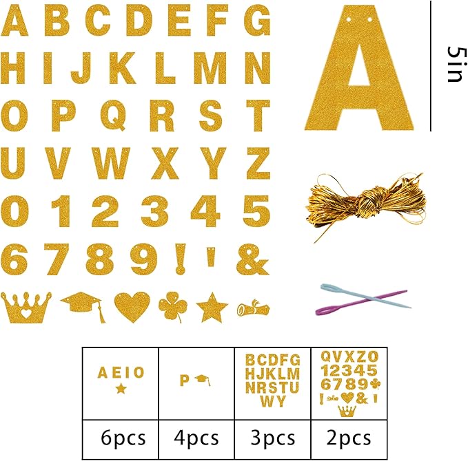 131 PCS Custom Banner Glitter DIY Letter Banners Personalized Banner for Birthday Congratulations Wedding Party Golden Glitter 5-inch