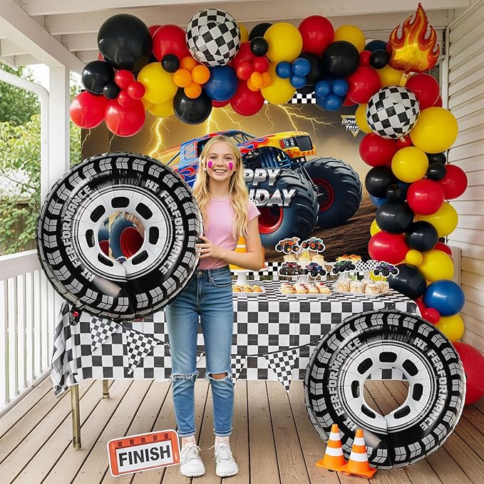 Monster Truck Birthday Decorations include Red Blue Yellow Balloons Ribbon Arch Cake Paper Card Toppers Tablecloth Backdrop Truck Birthday Decor for Boys Racing Party Decoration Supplies