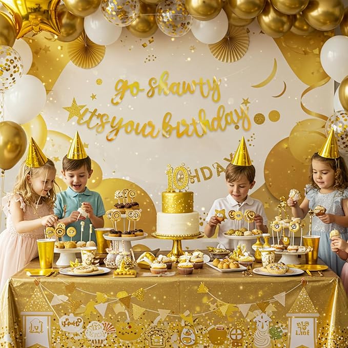 BEISHIDA Go Shawty It's Your Birthday Banner NO DIY Hip Hop Theme Happy Birthday Banner Pre-Strung Rap Theme Happy Birthday Sign for Man Women birthday Party Supply Double-Sided Bright Gold
