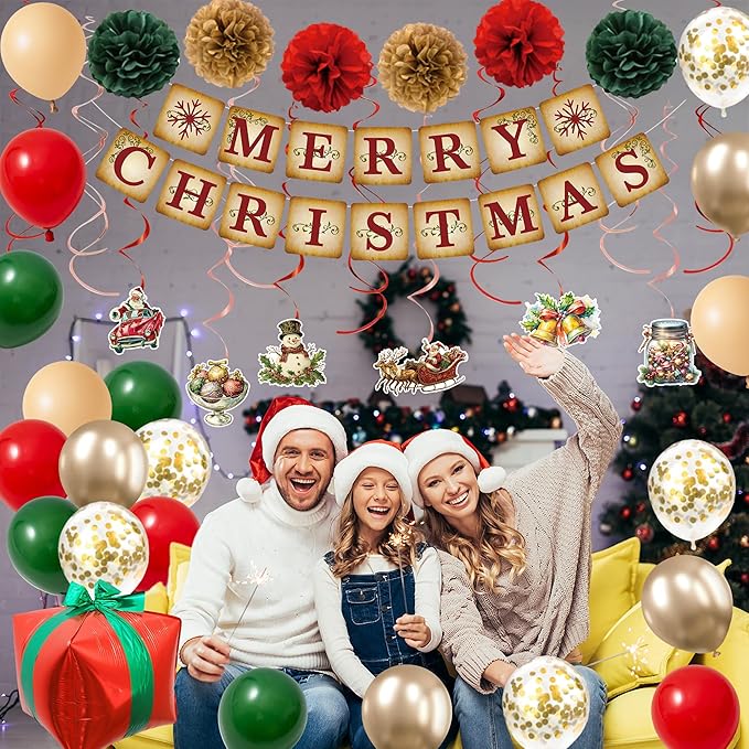 Roetyce Christmas Party Decorations, Vintage Merry Christmas Banner Balloons Hanging Swirls Kit Indoor Outdoor, Funny Home Xmas Party Supplies Photo Backdrop Background