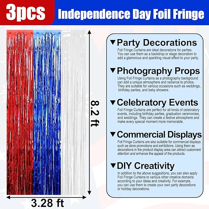 3 Pack White Blue Red Foil Fringe Curtain Backdrop, 3.28Ft x 8.2Ft Metallic Tinsel Foil Fringe Streamer Curtains for Photo Booth, Mother's Day, Easter, Birthday, Wedding Party Decorations
