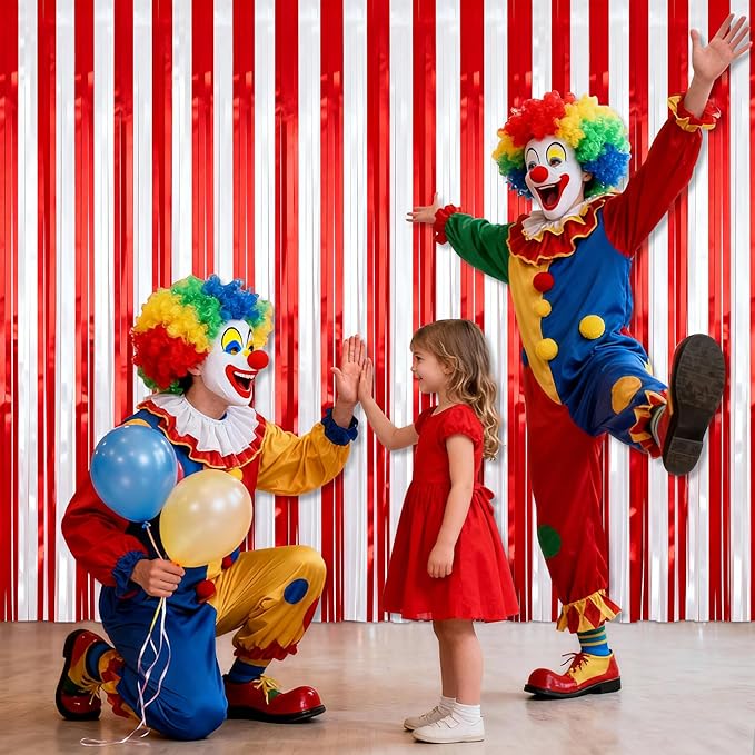 2 Pack Photo Backdrop, Clown Circus Theme Party Decorations Red & White Tinsel Curtain 3.3x6.6 Ft Foil Fringe Backdrop for Holiday Carnival Circus, Birthday, Wedding, Graduation