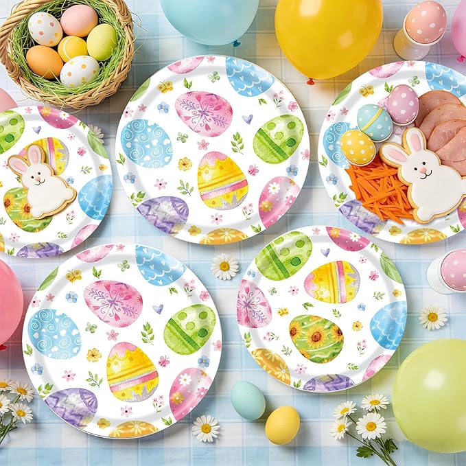 96 Pieces Easter Egg Paper Plates and Napkins Party Supplies, Colorful Eggs Disposable Tableware with Paper Plates Napkins and Forks for Spring Celebrations, Easter Day Party Favors - Serves 24