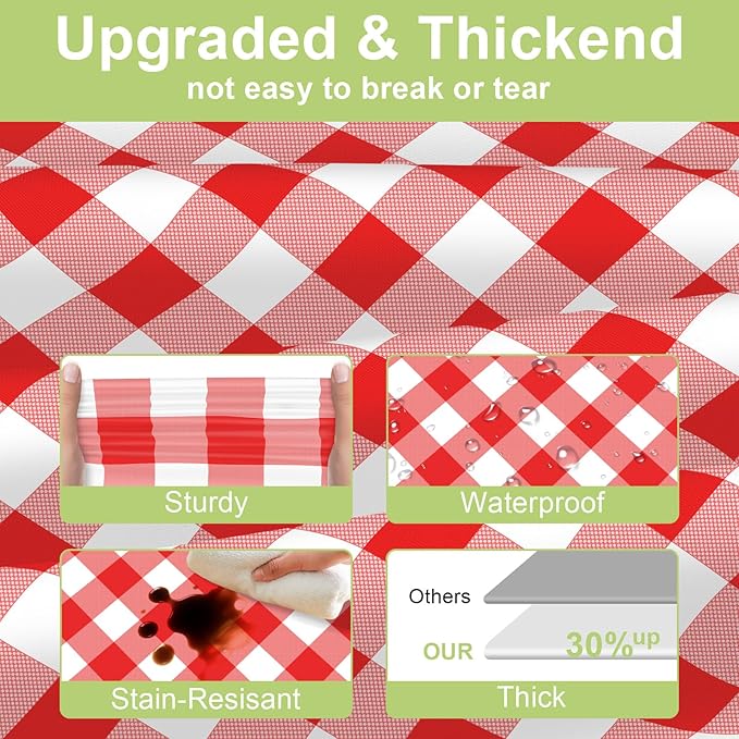 QIKSION Red Gingham Tablecloth Disposable 6 Pack, 54 x 108 Inch Red and White Checkered Table Cloth for Picnic, Outdoor BBQ Decorations, Birthday Party Supplies, Rectangle, Plastic Table Cover