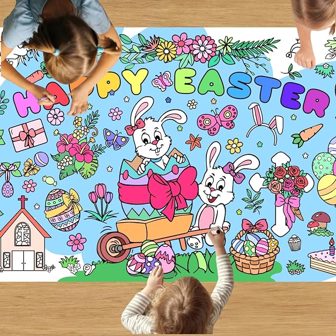 Easter Giant Coloring Poster/Tablecloth, Crafts for Kids, 30 x 72 Inches Jumbo Coloring Banner, Versatile Paper Table Cover for Easter Party Favors, Wall Decoration
