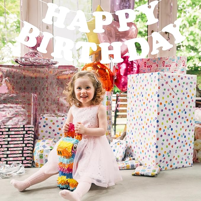 White Happy Birthday Banner Sign Birthday Backdrop Party Supplies for Kids Boys Girls Birthday Party Decorations