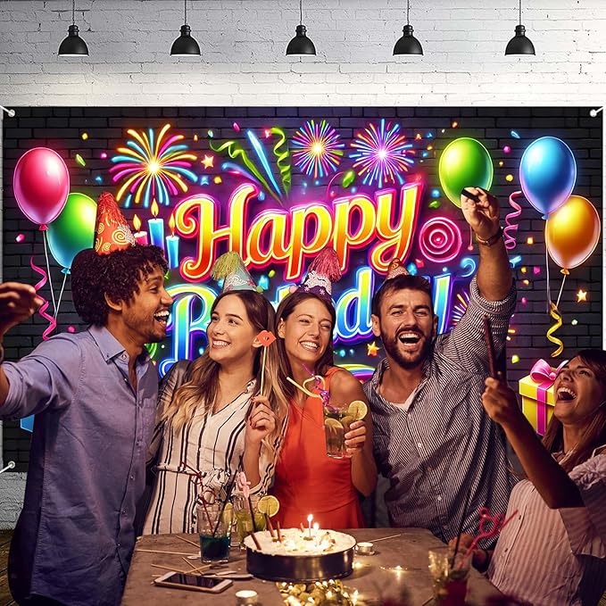 Nuxovilar Neon Brick Wall Happy Birthday Banner - 71x43 Inch,Party Decor Banner Vibrant Balloons & Fireworks Backdrop for Indoor/Outdoor Parties