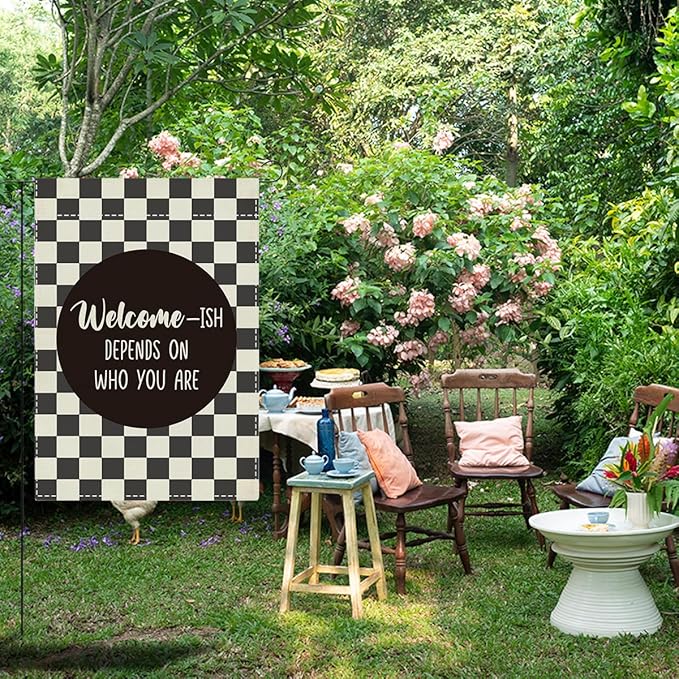 Funny Garden Flag for Outside Yard Veranda Patio Outdoor Welcome-Ish Depends On Who You Are Double Sided Garden Flag 12 x18 inches