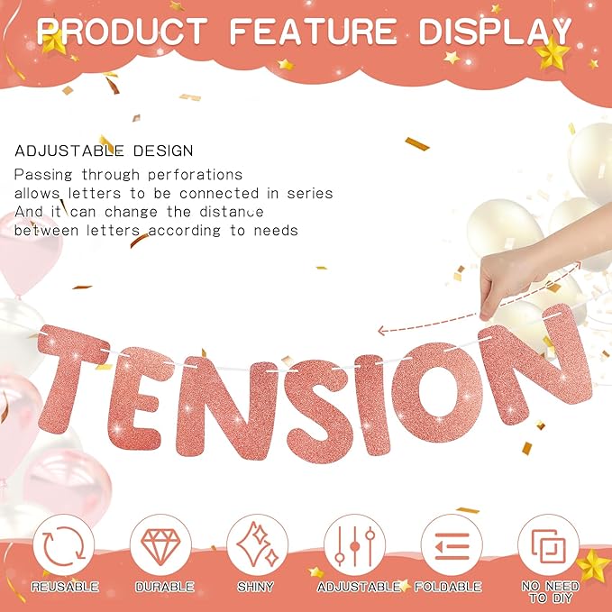 Retirement Banner Pre-Strung GOODBYE TENSION HELLO PENSION Banner Glitter Retirement Party Supplies Decorations for Women Men Office Home Decor (Rose Gold)