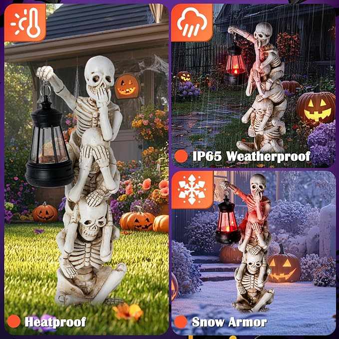 Halloween Skeleton Decor Triple Skeleton Halloween Decorations with Solar Red LED Lantern Outdoor Skeletons Figure for Yard Patio Lawn Garden